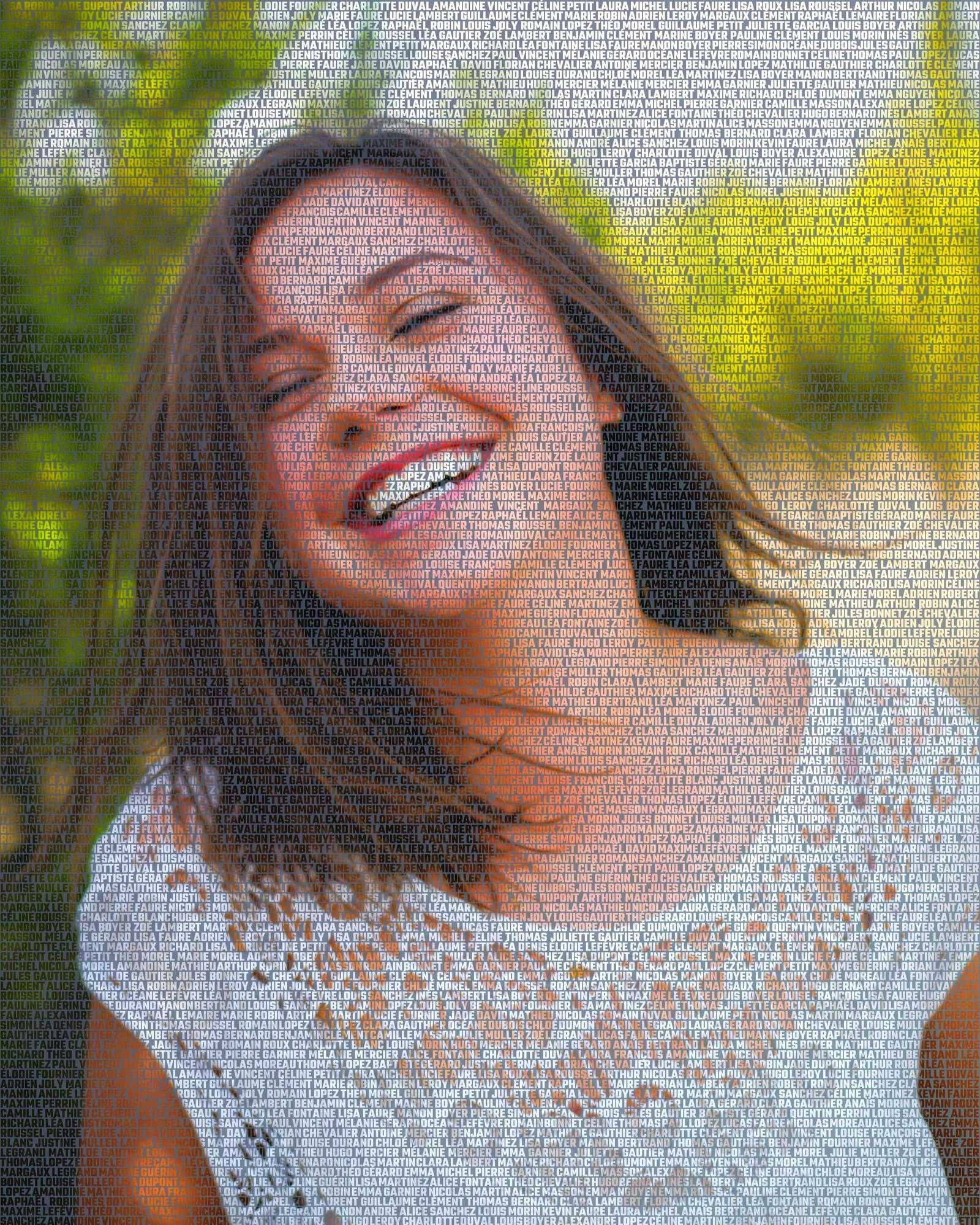 Visage d’une future mariée dessiné avec des prénoms (France)