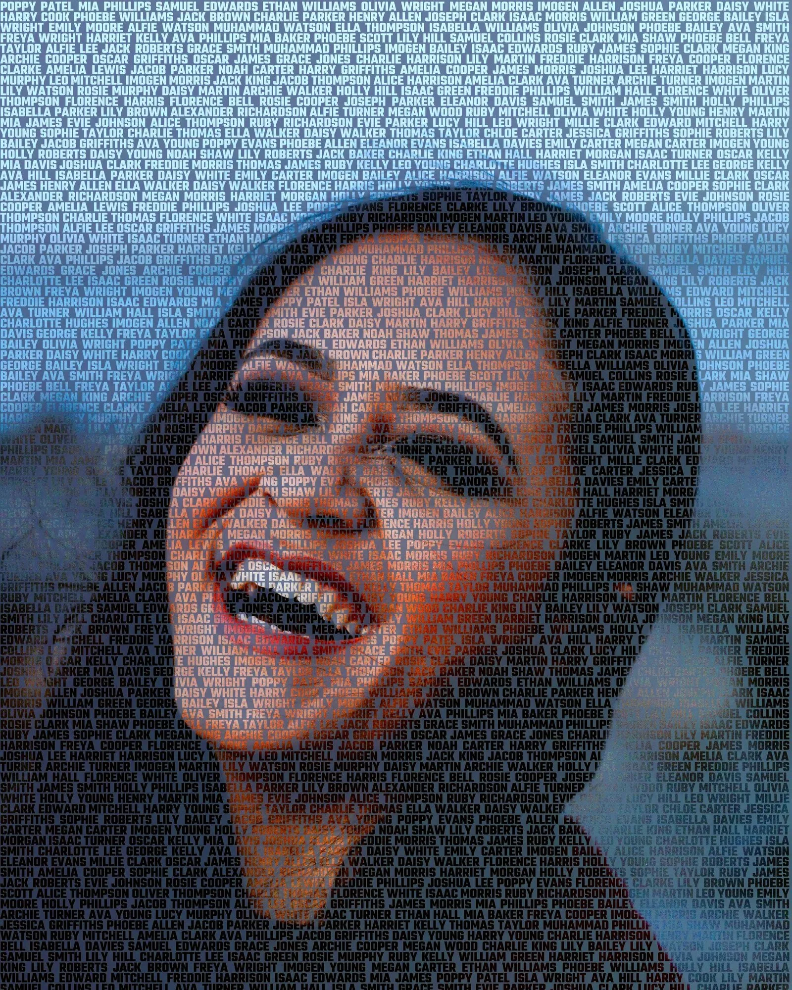 A bride’s face drawn with names from the United Kingdom
