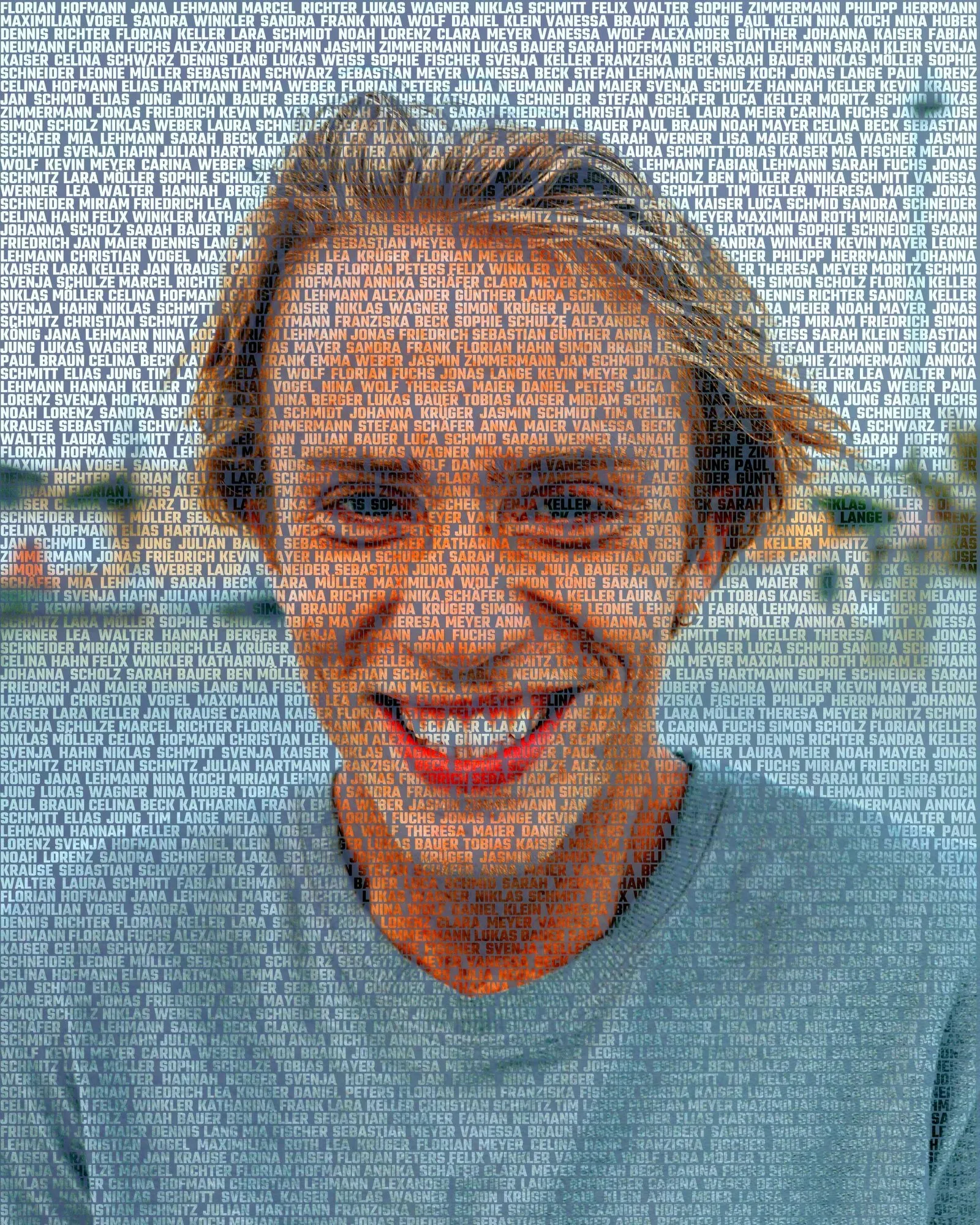 A groom’s face drawn with names from Germany