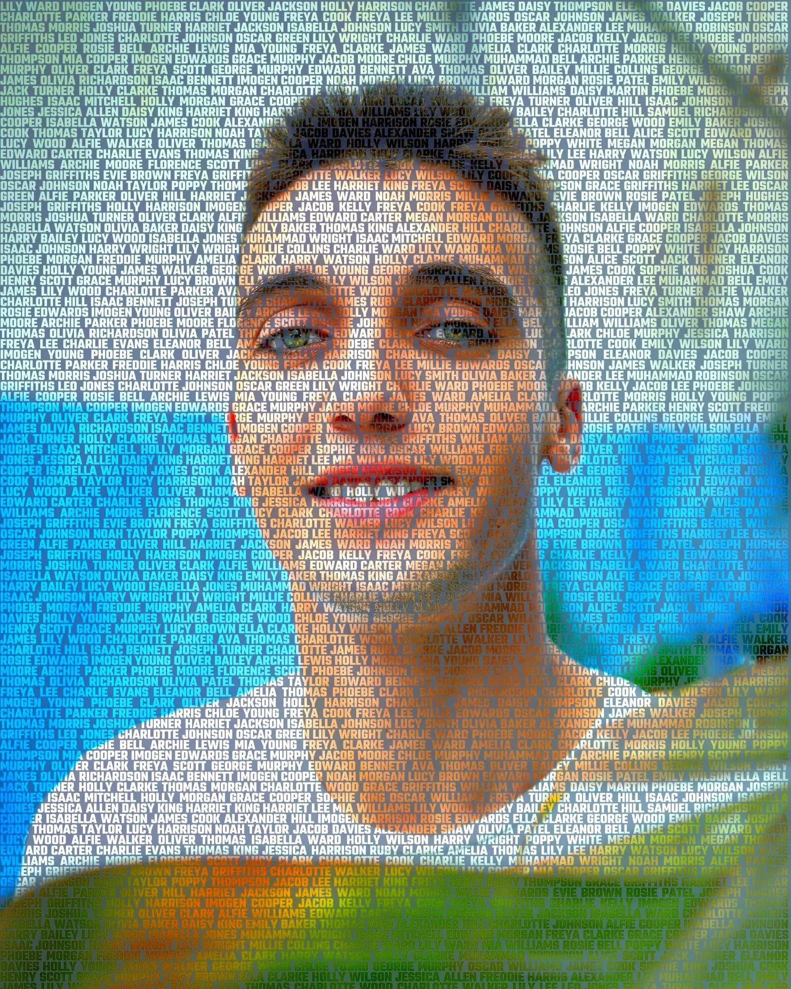 A groom’s face drawn with names from the United Kingdom