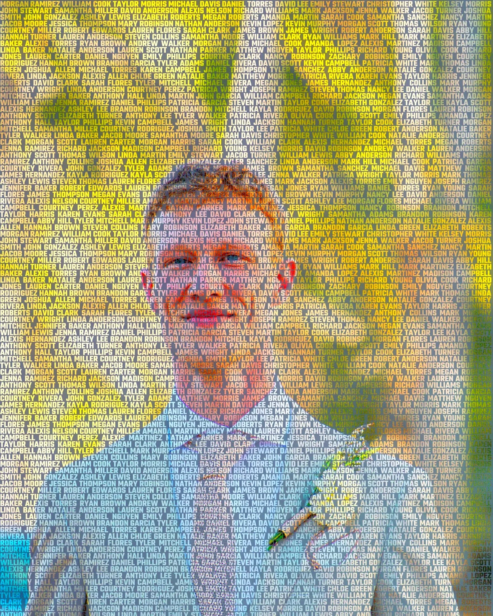 A groom’s face drawn with names from the United States